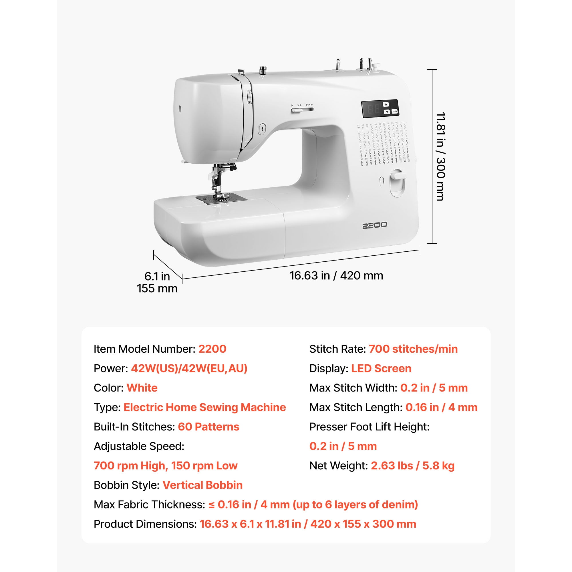 KFFKFF Computerized Sewing Machine with 60 Stitch Options, LED Display, Foot Pedal, and Built-In Light, Durable Metal Frame, Digital Sewing Machine for Crafting and Repairs