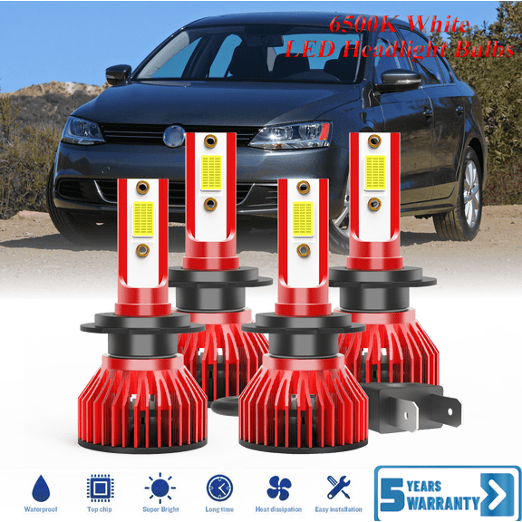 For Volkswagen Jetta 2006-2017 H7+H7 LED Headlight Bulb Kit High Low Beam - 30,000LM 6500K Cool White 600% Ultra-Bright Bulb, Plug & Play