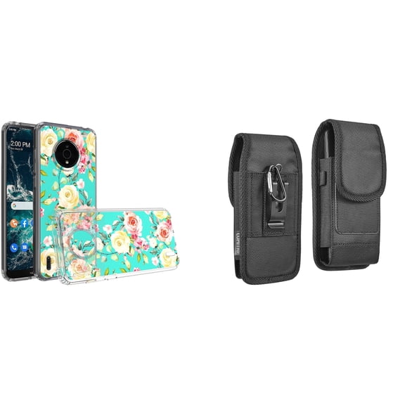 Case and Pouch Bundle for Nokia C200: Slim Series TPU Protector Case (White Pink Flowers on Teal) and Vertical Rugged Nylon Belt Holster
