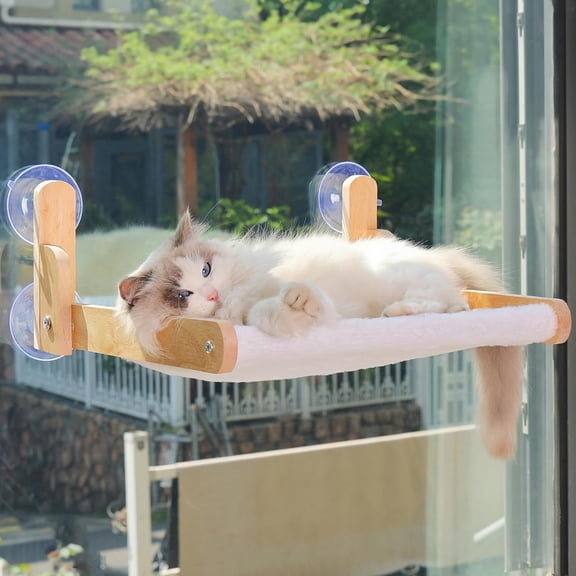 HQinX Cat Window Perch Wooden Frame Foldable Cat Hammock, Soft Faux Rabbit Fur Cover Washable, Strong Suction Cups No Drilling, Large Cat Bed