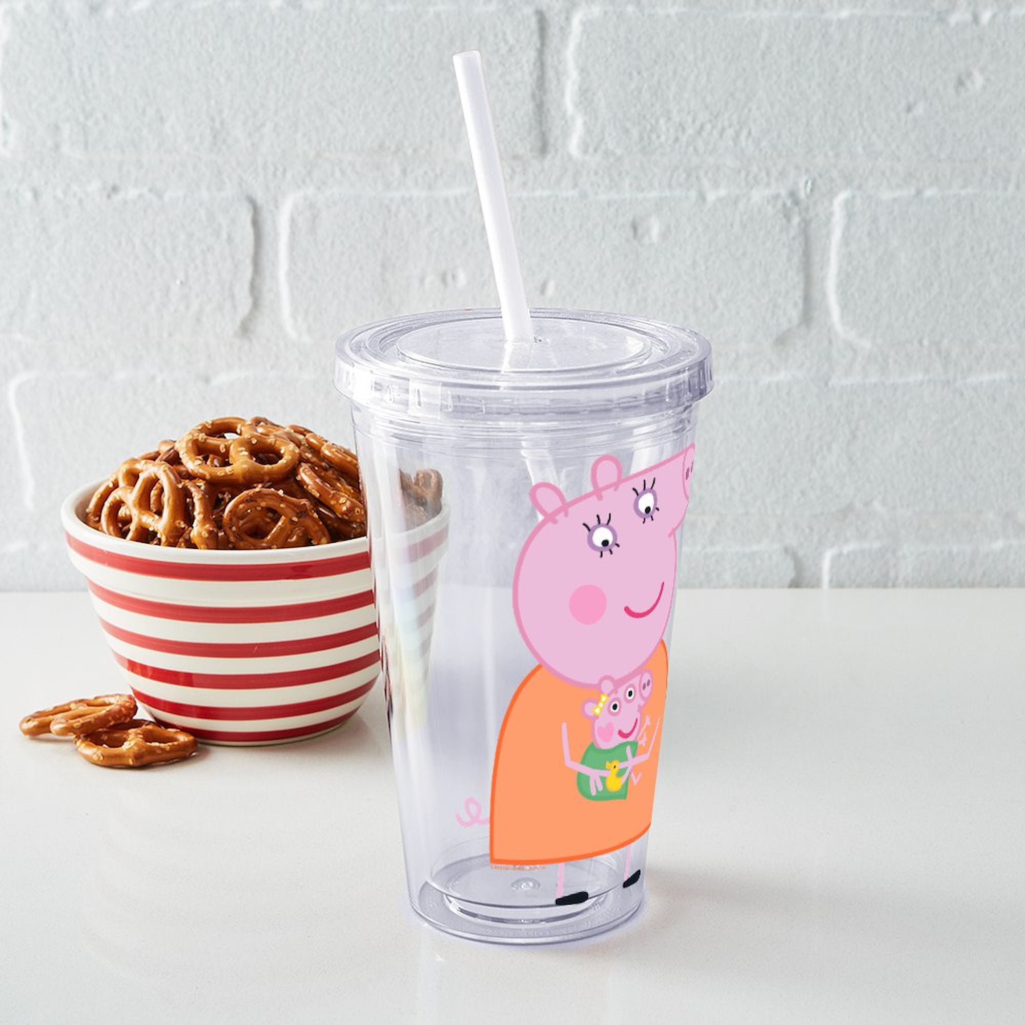CafePress - Peppa Pig: Holding Baby - 16 Ounce Classic Clear Insulated Double Wall Tumbler Cup with Lid Straw , Reusable