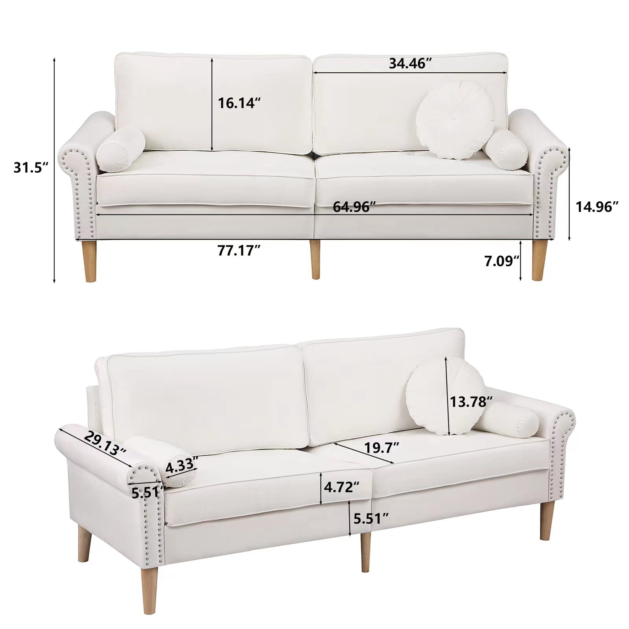 Aukfa 77.2" Sofa Couch, 3-Seater Sofa with Copper Nail and 3 Pillows, Velvet Loveseat for Living Room - White