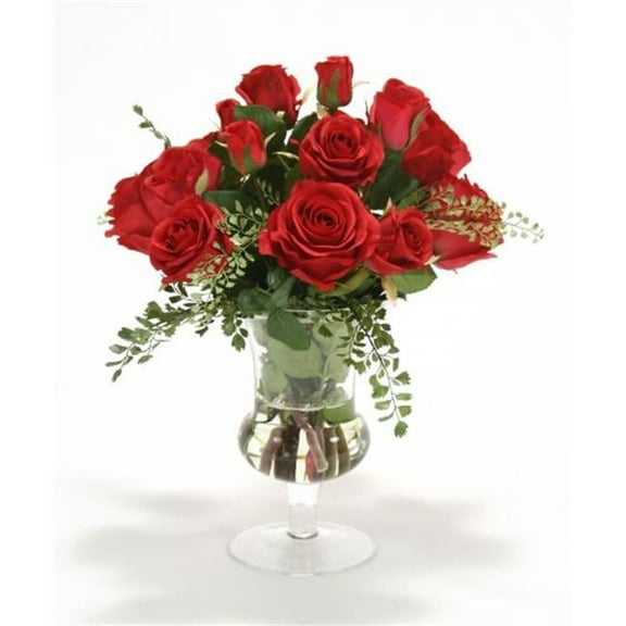 Distinctive Designs International  Waterlook Red Roses And Fern In Clear Glass Urn