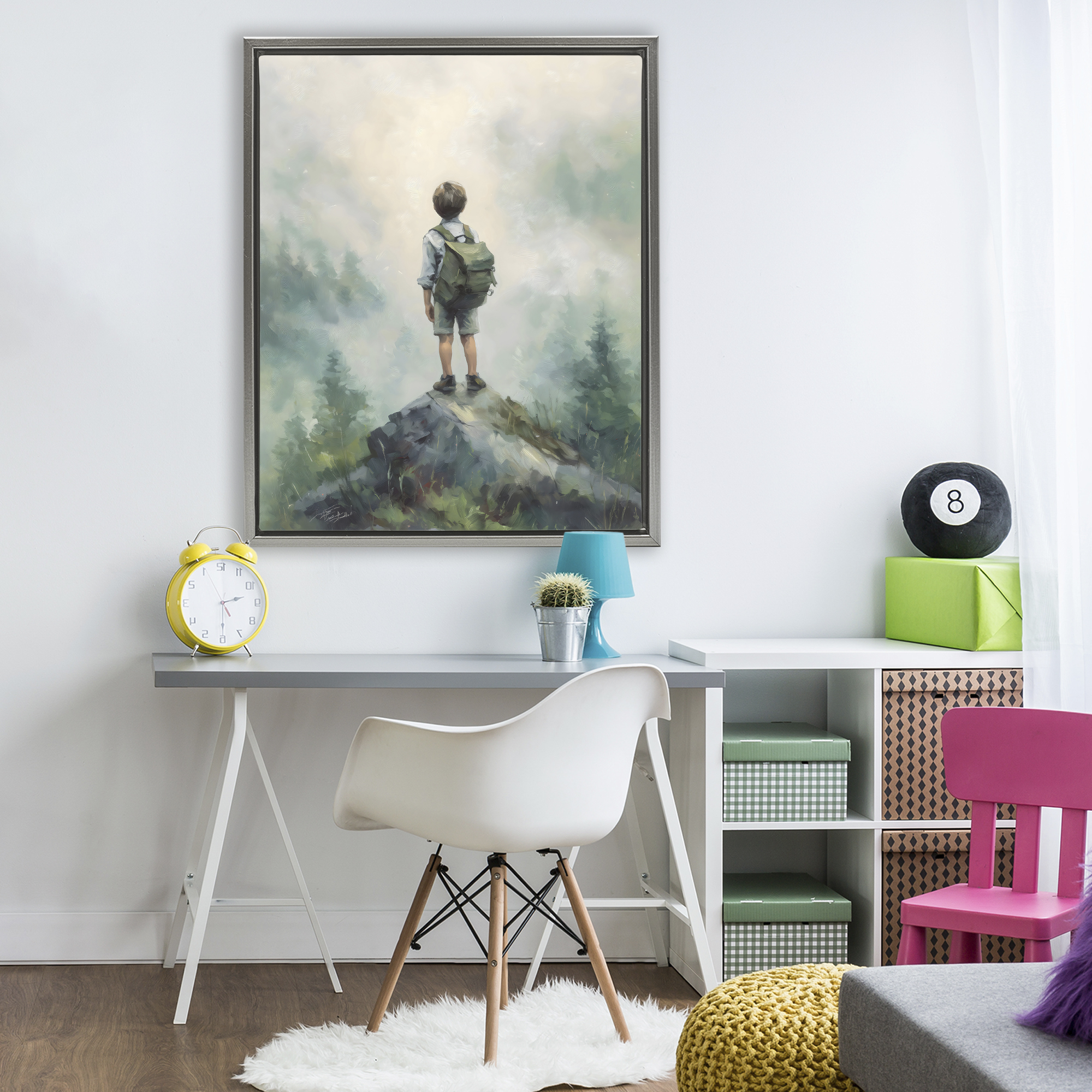 Boy Adventurer Atop Mountain Gray Framed Floater Canvas Wall Art, design by Arlington Prints