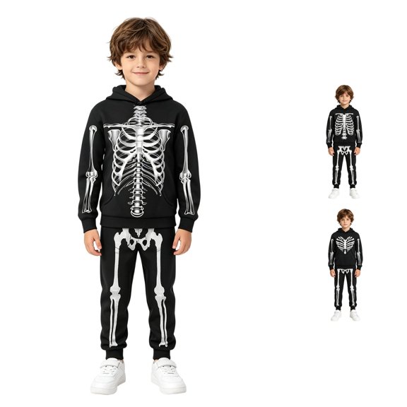 REDARER Kids Skeleton Print Hoodie Jogger Pants 2 Piece Outfit Halloween Cosplay Tracksuit for Trick or Treat Daily Wear Party,3-4 Years