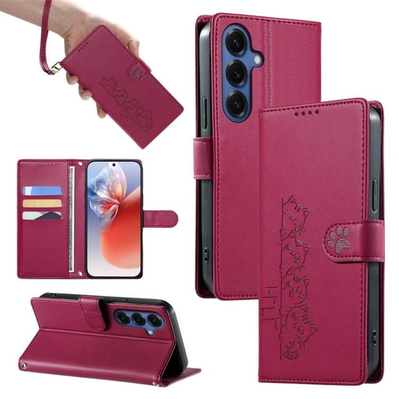 Wallet Leather Case For Samsung Galaxy S26 5G 6.3",with Card Holder,wristband, Shockproof Kickstand Embossed Cute Cats, Snap Phone Case,Red,For Galaxy S26 (5G)