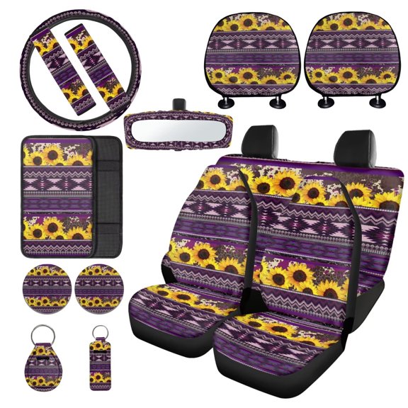 LedBack Sunflower Printed Car Seat Cover Full Set, 15 Pieces, Aztec Southwest Steering Wheel Covers, Auto Seatbelt Pads, Lipstick Holder Keychain, Car Rear View Mirror Protector, Car Accessories