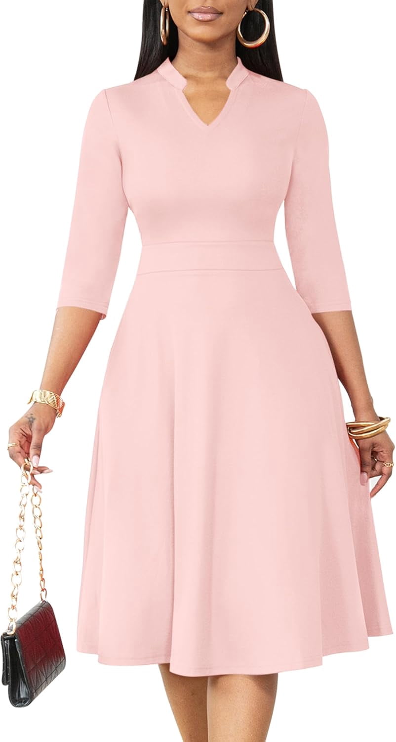 Nmoder Women's 3/4 Sleeve Midi Dress - Semi-Formal A-Line For Church, Wedding Guest, Or Work (Green, 3XL)