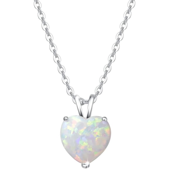 FANCIME Sterling Silver Created White Opal Heart Pendant Necklace for Women, October Birthstone with 16" 2" Chain