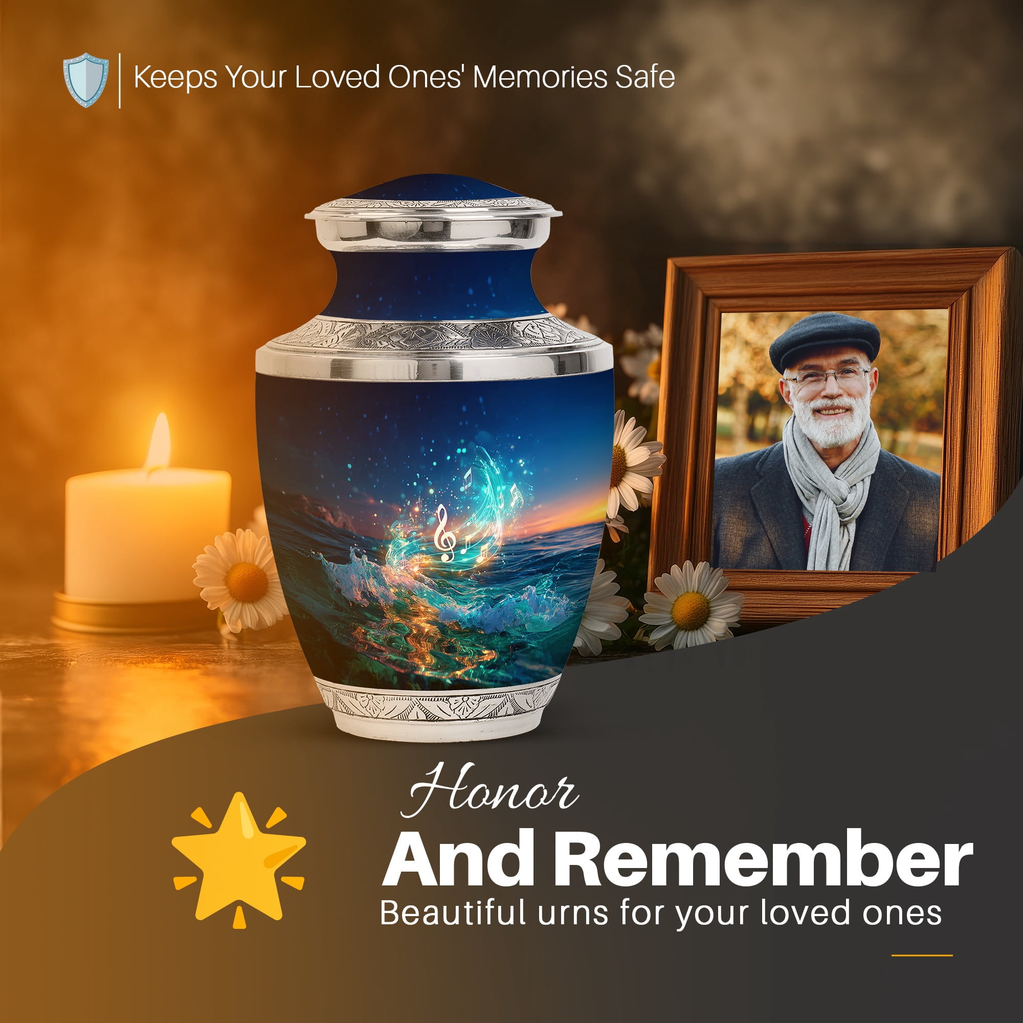 Yatskia Blue Music with Tree Large Cremation Urns for Human Ashes Adult Mom and Dad, Decorative Funeral Urn for Ashes Adult Male, (Tasty Large, 10 Inch)