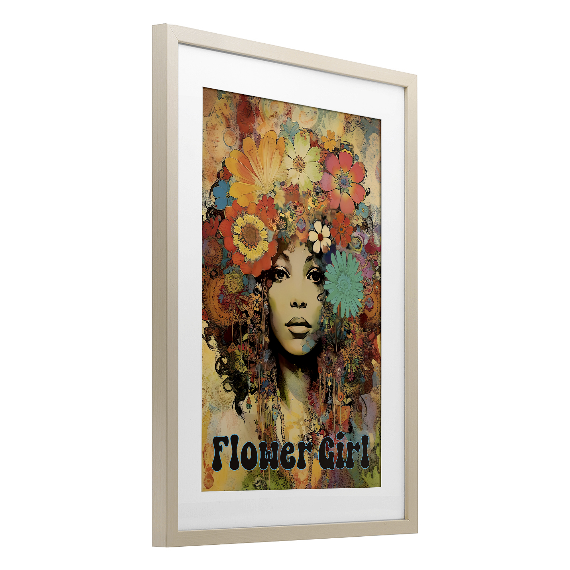Bohemian Flower Girl Birch Framed Print Under Glass, design by Sasha