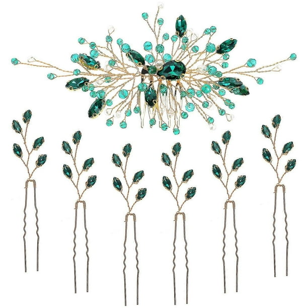 1 Set Bridal Hair Accessories Hair Pins Side Hair Combs Rhinestone Comb Clips For Women Decorative Hair Combs Green Hair Accessories