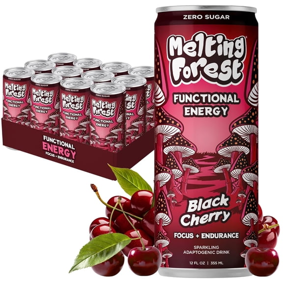 Melting Forest Mushroom Energy Drink, Black Cherry, Flavored Sparkling Water, Mushroom-Infused Seltzer, 5 Calories Zero Sugar — 12 Pack