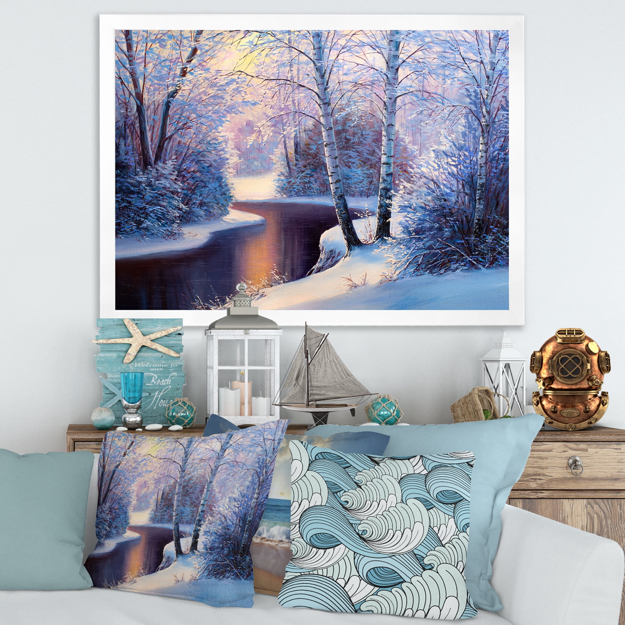 Designart 'Christmas Forest With Trees and River I' Traditional Framed Art Print