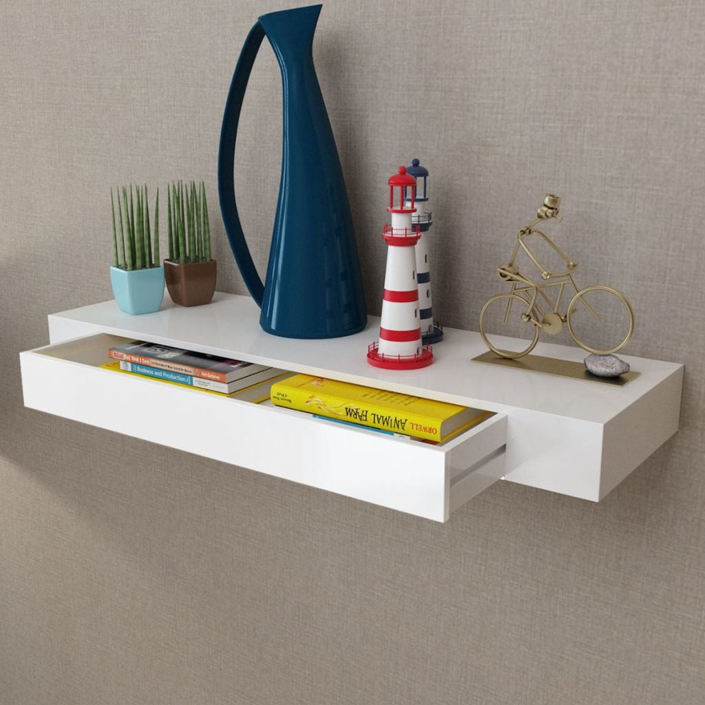 Kepooman 31.5" Wall Decor Storage Shelf with 1 Drawer for Bedroom, White Kepooman 31.5" Wall Decor Storage Shelf with 1 Drawer for Bedroom, White