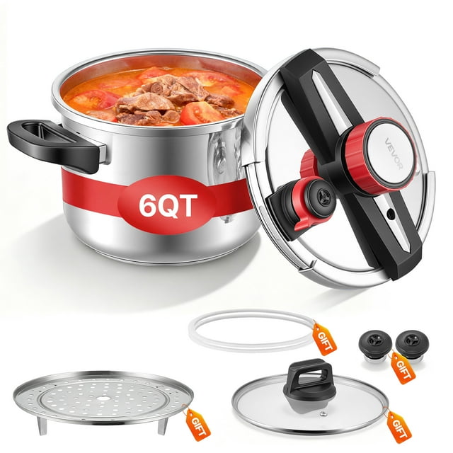 VEVOR Pressure Cooker, 6.3Qt Pressure Cooker Stainless Steel, Pressures Canner with Steaming Rack, Tempered Glass Lid, Three Pressures Settings for Meat, Beans, Rice, Soup, Sauces, Cook up to 100 kPa