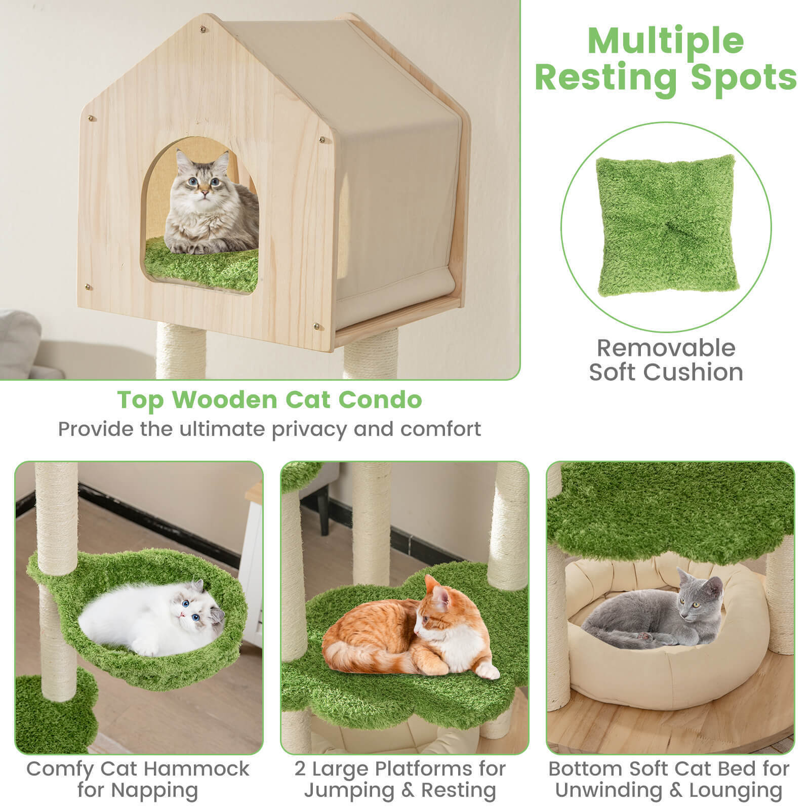 Amijoy Wooden Cat Tree, 55" Tall Cat Climbing Stand w/ Sisal Scratching Posts, Pine Wood Top Condo, Soft Cat Bed, Hammock