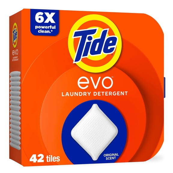 Tide Evo Laundry Detergent Tiles, 100% Concentrated, 6X Cleaning Power, Tide Original Scent, 42 Count