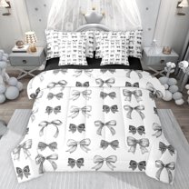 jejeloiu Kawaii Bow Ribbon 7 Pieces Bedding Comforter Set,Gray Cute Bowtie Full Bedding Set For Girls Teens Reversible