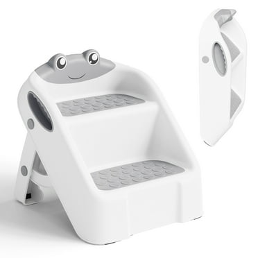 Aprpink Toddler Step Stool Foldable with Alphabet Patterns &  Non-Slip Surface Frog Pattern Plastic Gray