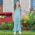 thumbnail image 2 of Bovxnpu Girls 2 Piece Outfits, Girl Flared Legging Pants and Shirt, Toddler Girls Cute Solid Color Soft Short Sleeve Top Flared Trousers Home Wear Suit 4 Years, 2 of 8