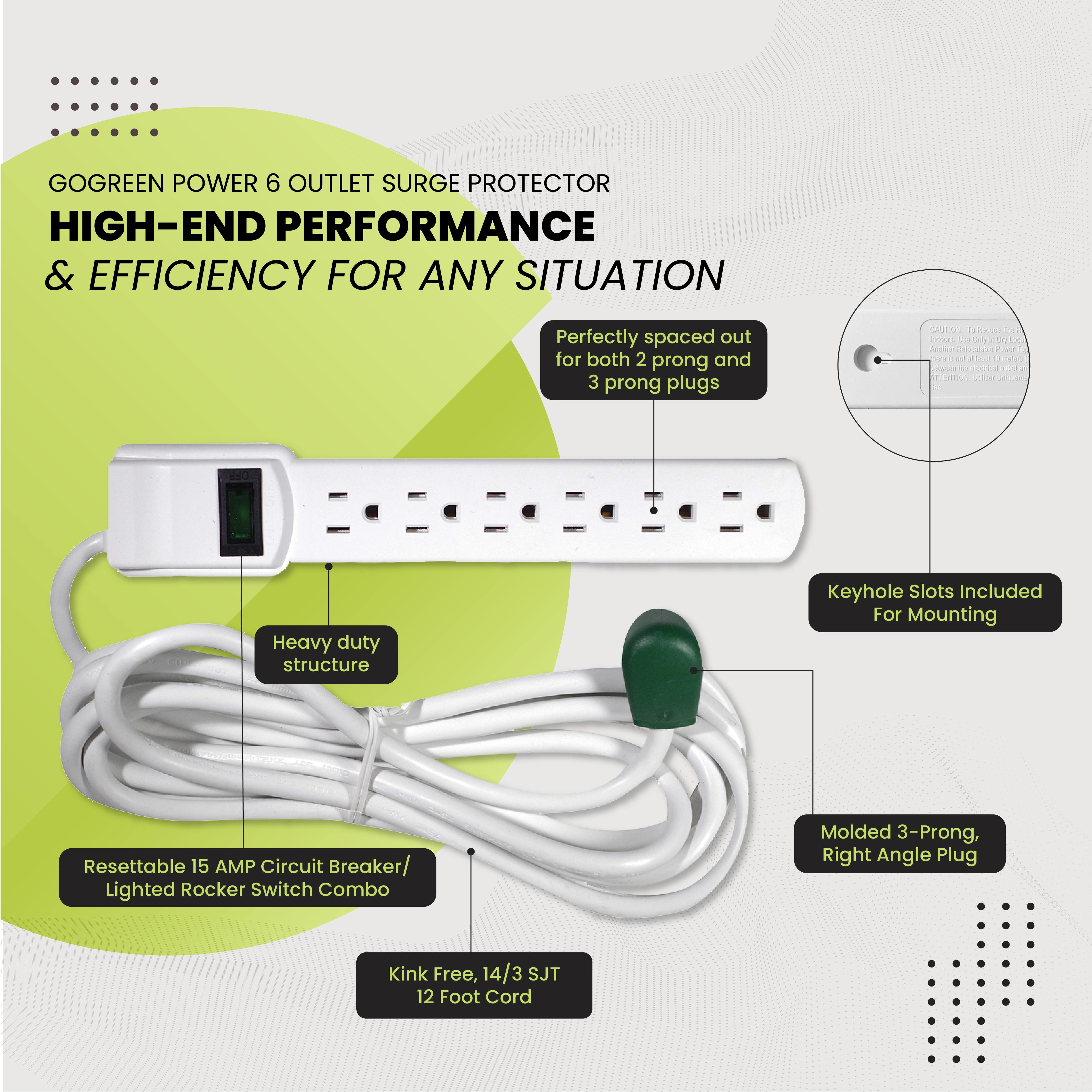 GoGreen Power GG-16103M-12 - 6 Outlet Surge Protector With 12ft Cord, White - image 6 of 8