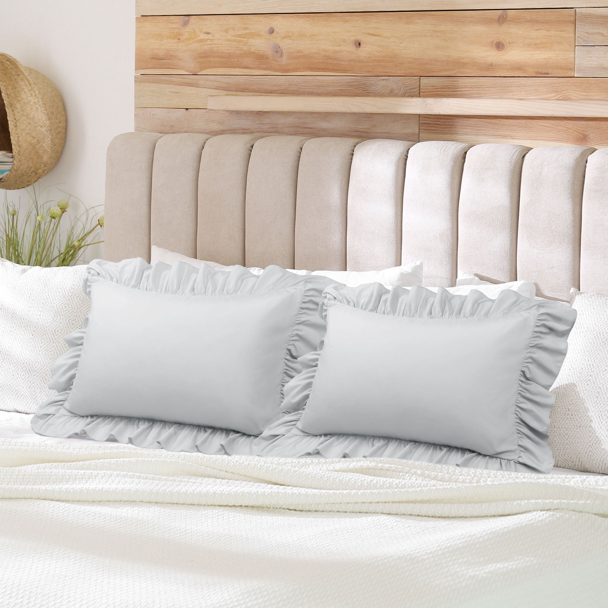 Unique Bargains Microfiber Ruffle Envelope Closure Pillowcases 2 Pcs Light Gray King