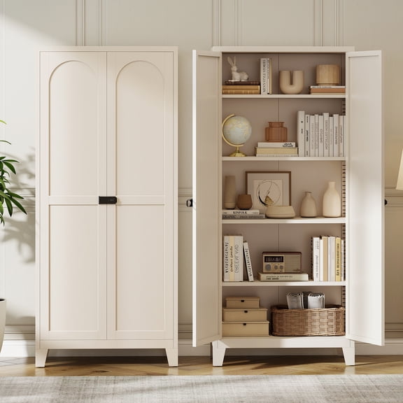 LIZEVINC 71.2in Pantry Cabinet, Metal Shapely Doors Cabinet with Doors and Adjustable Shelves, Food Pantry Cabinet for Kitchen,Dinning Room- Assembly Required(Beige)