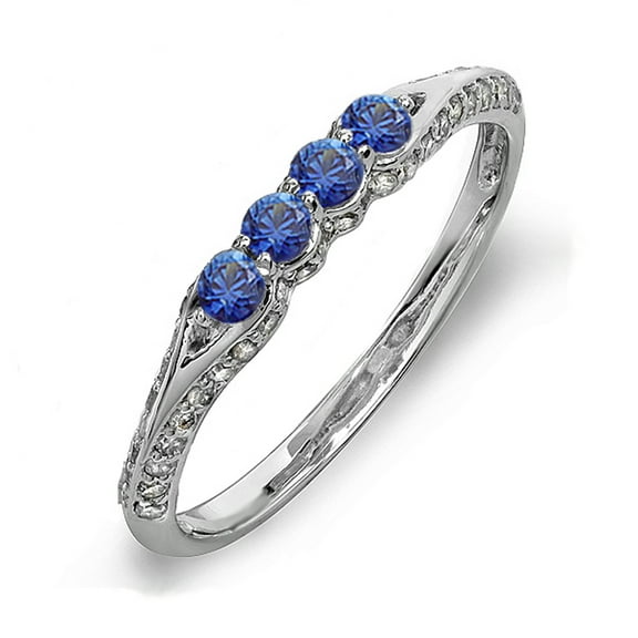 Dazzlingrock Collection 18K Round Blue Sapphire And White Diamond Anniversary Wedding Band Stackable Ring, White Gold, Size 7.5