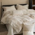 thumbnail image 2 of Juego de cama suave de tejido natural 50 % algodón y 50 % lino, estilo vintage, blanco roto, elegante, con encaje desgastado, funda de edredón, sábana plana, fundas de almohada, 2 of 5