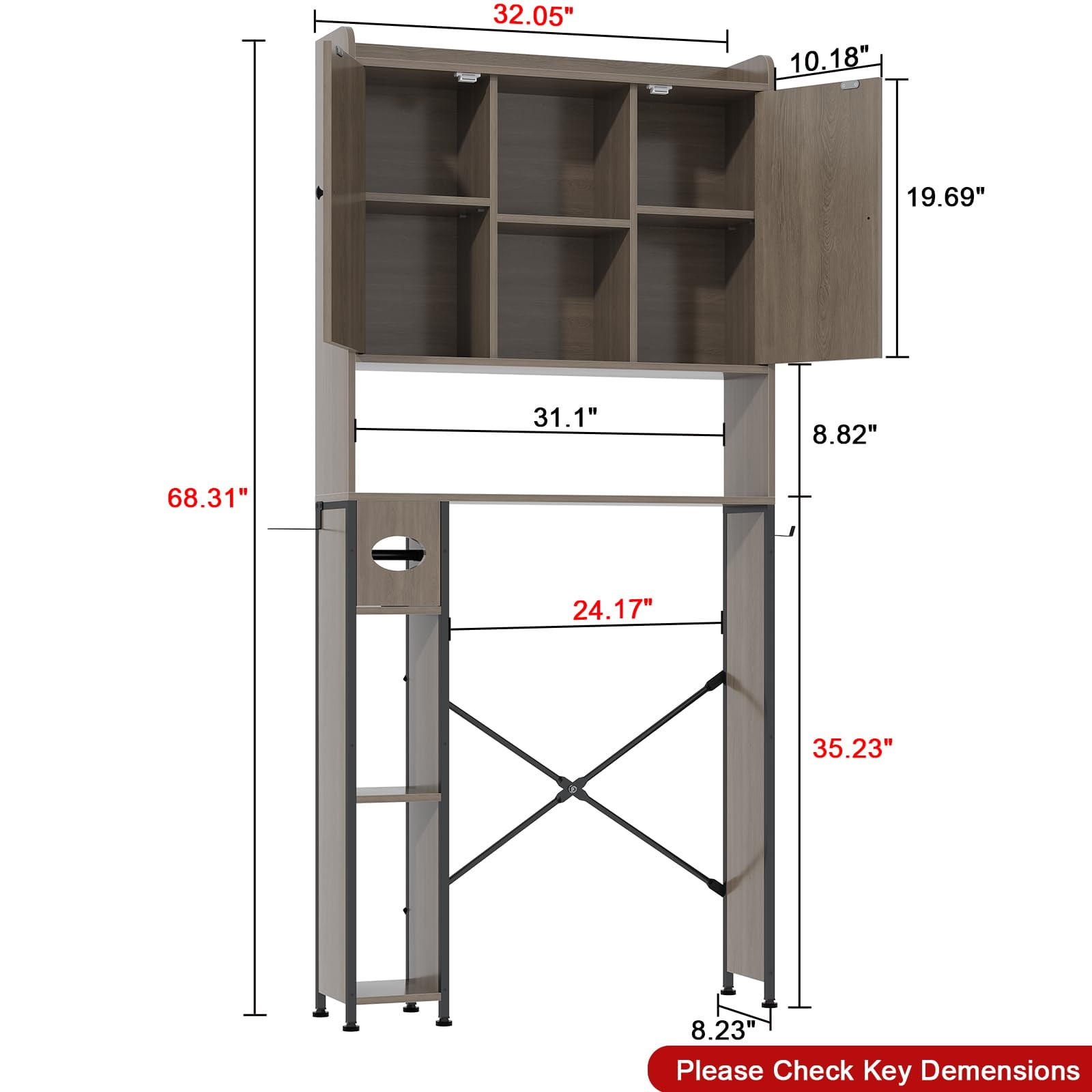 POAO Over the Toilet Storage Cabinet with Metal Frame &7 Storage Shelves,Bathroom Storage Organizer with Adjustable Shelves &Paper Holder,Oak Grey