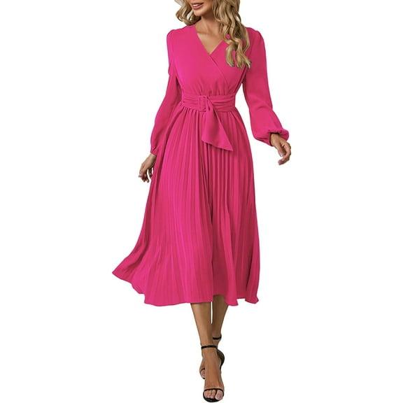 HLSOHJP Women's Pleated Midi Dress Long Sleeve V-Neck Belted Tie Waist Lace Up A-Line Chiffon Wrap Dress
