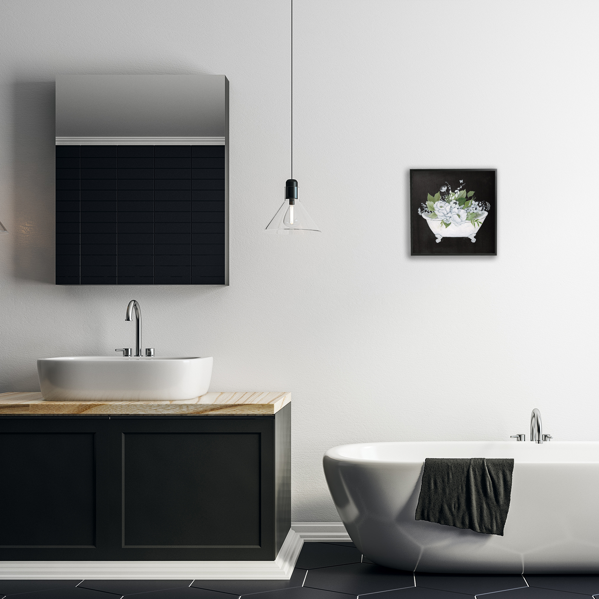Stupell Industries Charming Floral Bathtub Typography Painting Black Framed Art Print Wall Art, 12 x 12