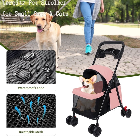 Tereitr Pet Stroller for Small Dogs & Cats, 4 Wheel Outdoor Travel Folding Dog Stroller with Cup Holder, Visible Mesh Windows, Rear Wheel Brakes, Pets Up to 33 lbs, Pink