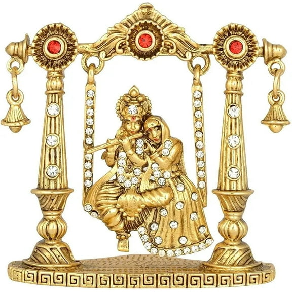 MASSIVE MART Radha Krishna Idol On Jhula Gold Metal Statue For Car Dashboard | Mandir Pooja Murti | Temple Puja | Home Decor | Office Showpiece | Decorative Showpiece