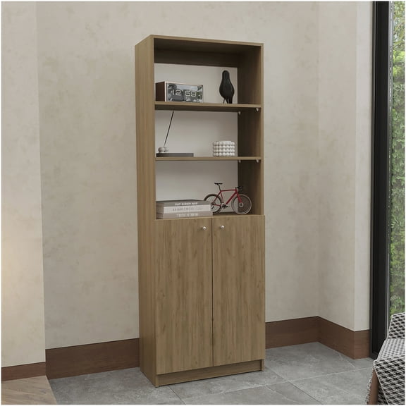 Beige 2-Door Bookcase with Storage Cabinet & Open Shelves, Modern Organizer for Living Room, Office