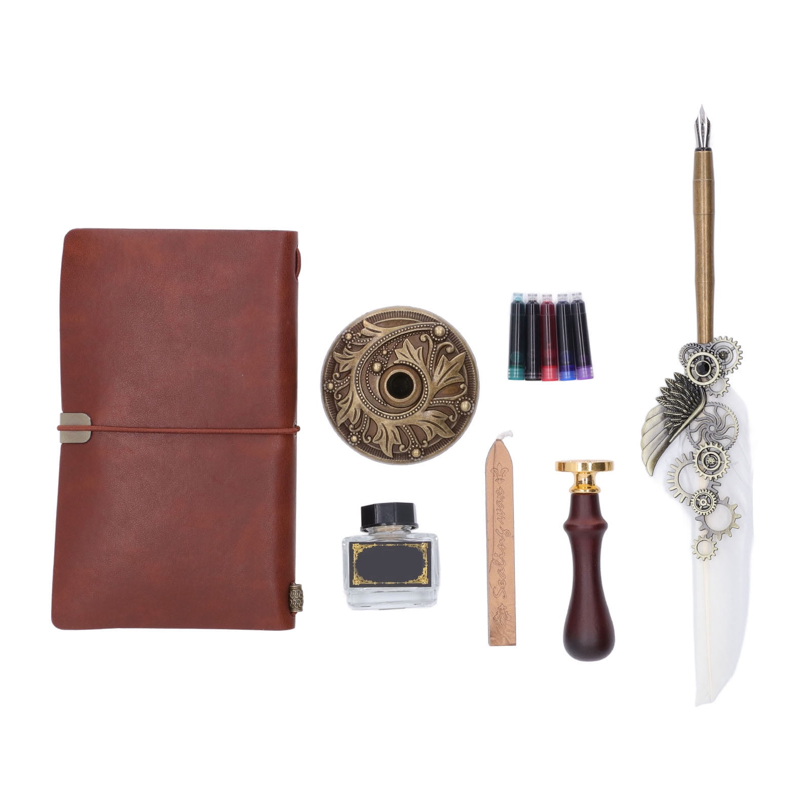 Nieyigj White Feather Pen Set Mechanical Texture Vintage Elegance Quill Ink Pen Calligraphy Art Kit with Metal Engraved Nib Notebook Stamp Perfect Corporate Gift for Desk Decor (11.4 inches / 29 cm)