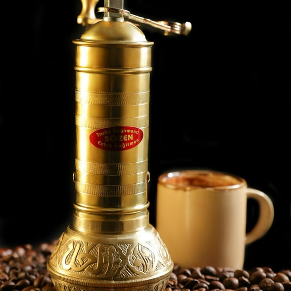 Sozen 7.6" Manual Coffee Grinder Brass – Hand Crank Burr Mill for Turkish Coffee, French Press, Espresso, Camping & Home Use – Portable Coffee Bean Grinder, Adjustable Conical Grinder