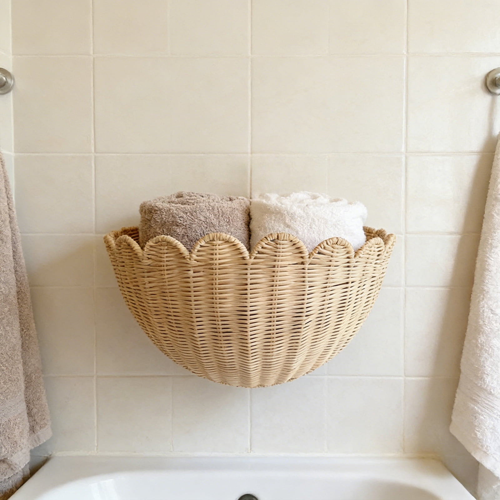 Rustic Wall Decor Scalloped Wicker Basket Original Hand Woven Hanging Storage