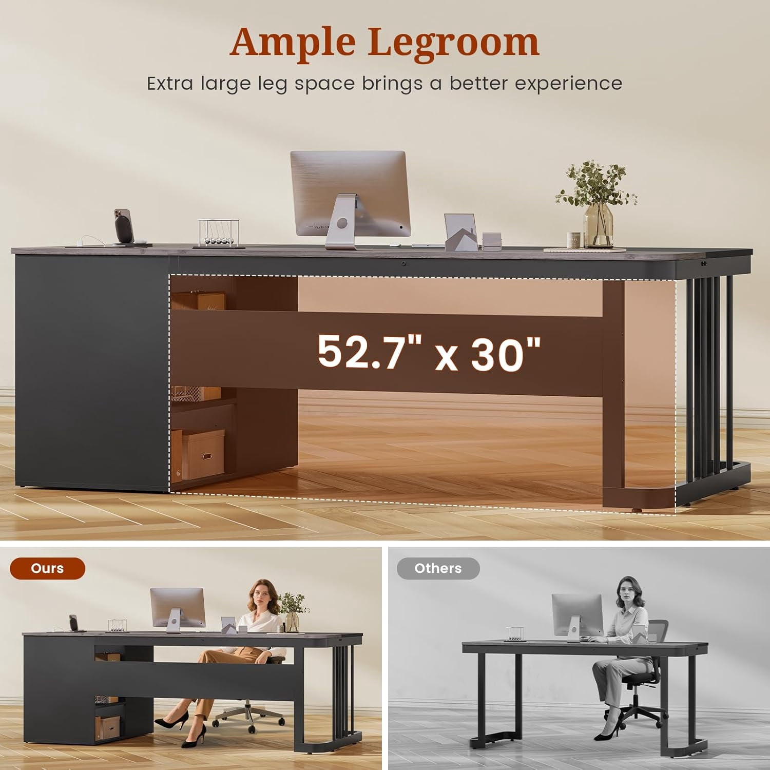 70.9" Large Executive Desk with Power Outlets, Modern Computer Table with Storage Drawers and File Cabinet for Home Office, Grey