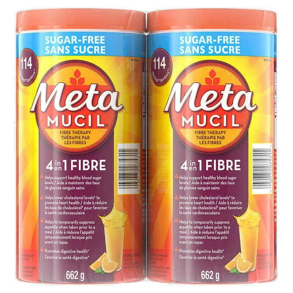 Metamucil Poudre de Supplément de Fibres Multisanté 4 en 1 Sans Sucre, Orange, 2 x 662 g / Favorise la Santé Digestive avec une Délicieuse Saveur d'Orange Sans Sucre