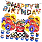 SKYSONIC Construction Birthday Party Decor Set for Truck Car Theme Including Happy Birthday Banner Balloon Cake Topper for Toddler Boys Excavator Party Decor