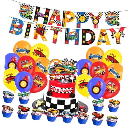 SKYSONIC Construction Birthday Party Decor Set for Truck Car Theme Including Happy Birthday Banner Balloon Cake Topper for Toddler Boys Excavator Party Decor