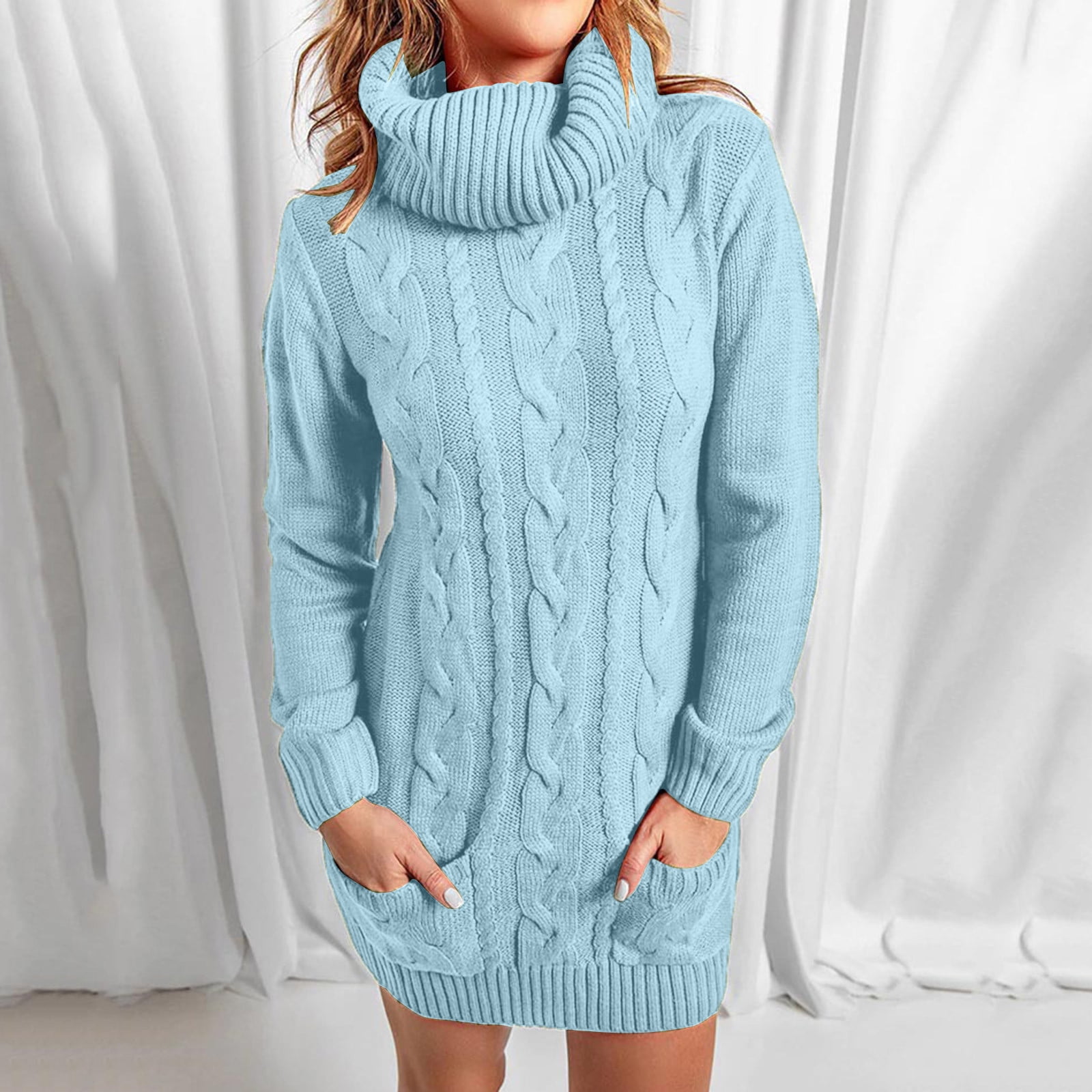 Robe Pull Tricotée Pour Femmes - Manches Longues - Col Rond - Couleur Unie - Taille Genou