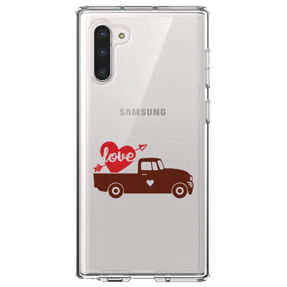 DistinctInk Clear Shockproof Hybrid Case for Samsung Galaxy Note 10 (6.3" Screen) - TPU Bumper Acrylic Back Tempered Glass Screen Protector - Valentine Truck Red Love Heart Arrow