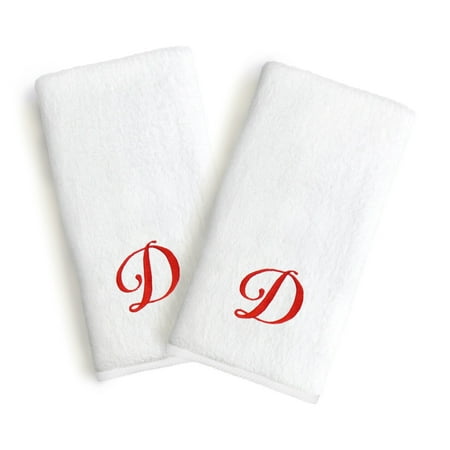 Authentic Hotel and Spa 2-piece White Turkish Cotton Hand Towels with Holiday Red Script Monogrammed Initial White/D