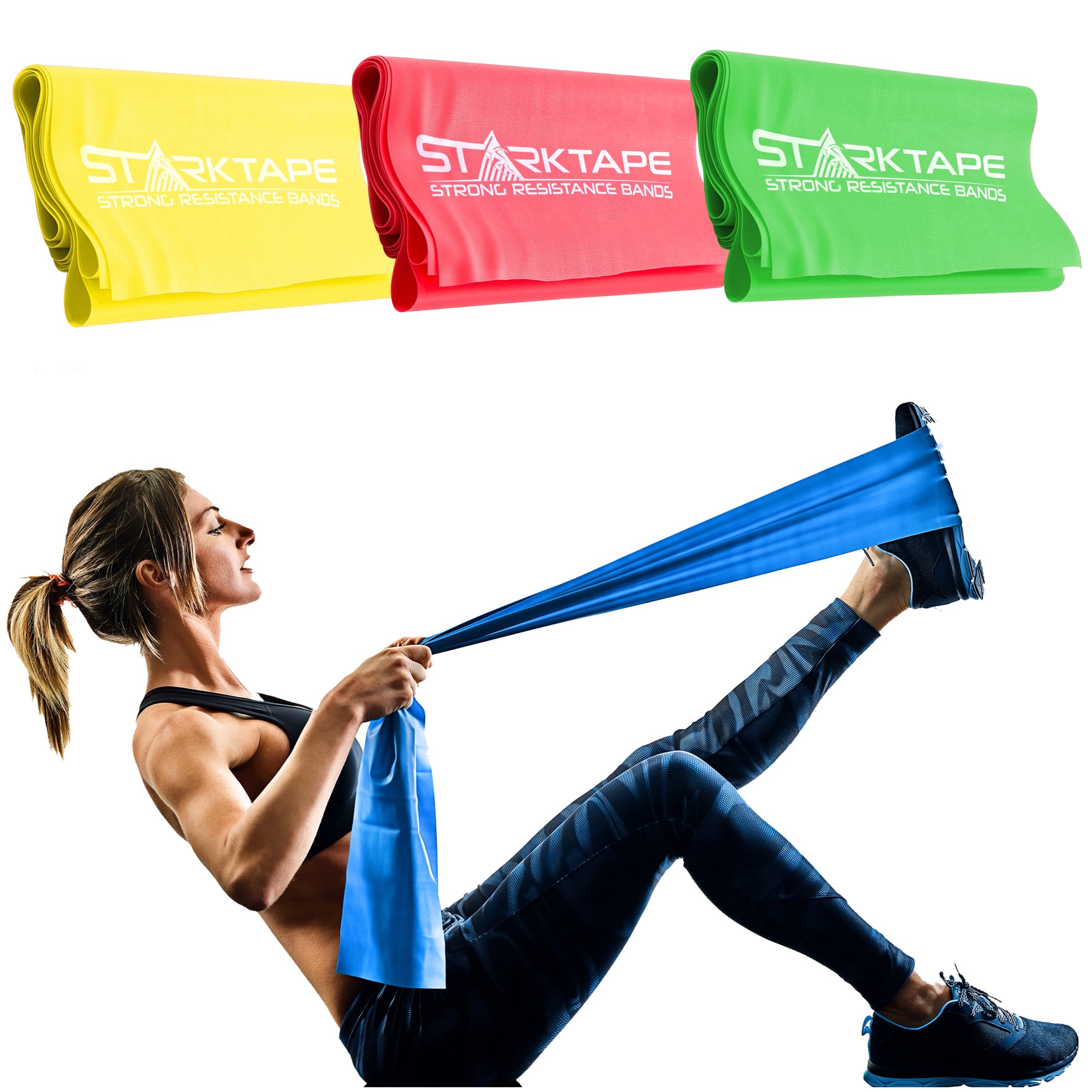 Starktape Resistance Bands Set 3 Pack Non-Latex Physical Therapy Professional Elastic Bands for Home Exercise, Workout, Strength Training, Yoga, Pilates, Rehab, Gym, Leg, Upper and Lower Body