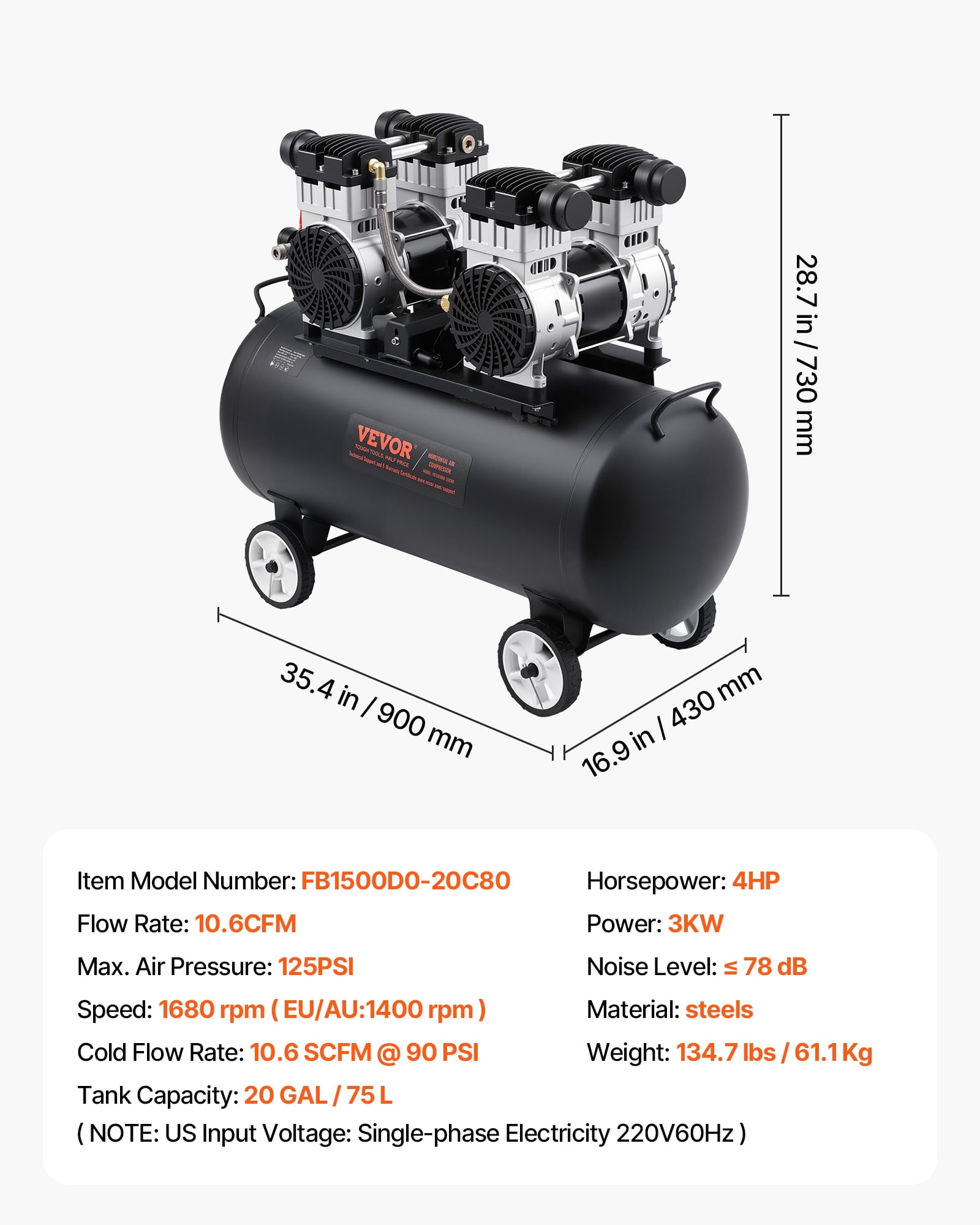 VEVOR Air Compressor, 20 Gallon Steel Tank, 4HP 10.6 CFM@90 PSI Oil Free Air Compressor & Max. 125PSI Pressure, 78dB Ultra Quiet Portable Compressor, for Auto Repair, Tire Inflation, Spray Painting