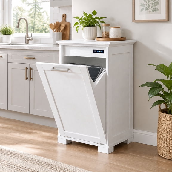 Wooden Tilt Out Trash Cabinet, Single Door 10 Gallons, White Finish, for Kitchen Indoor Waste Storage Organizer