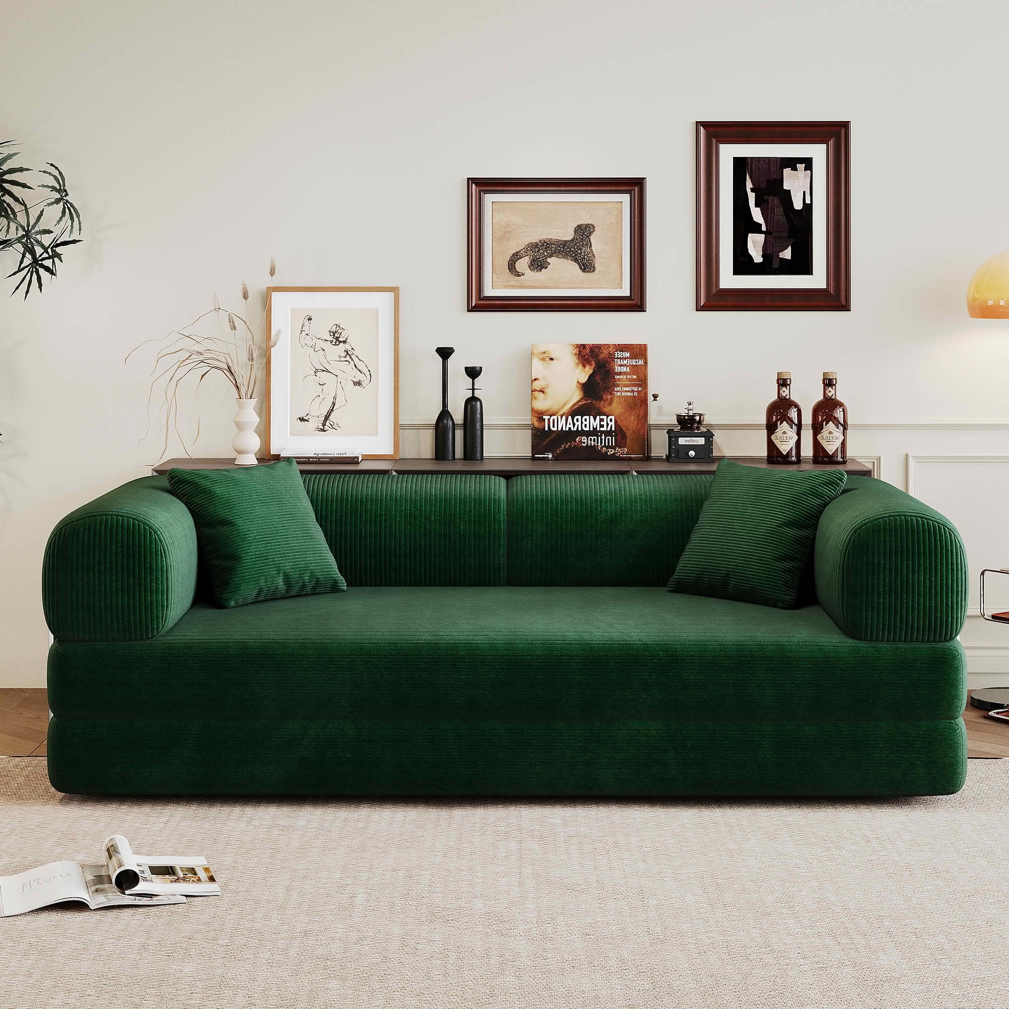 MAYEERTY 78.8" Corduroy Compression Sofa Bed, Convertible Futon Couch with Pillow Back Support,Green